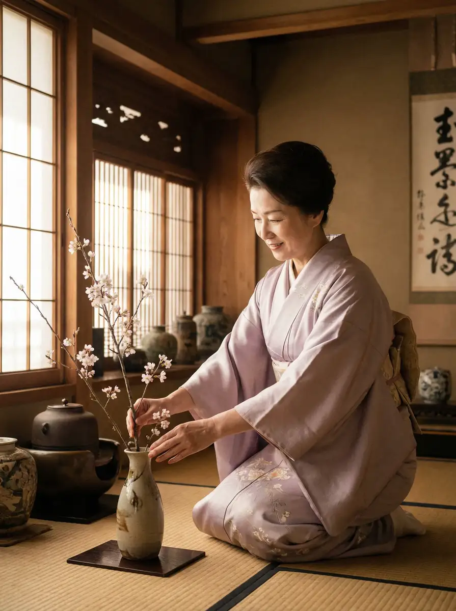 一位优雅的 神马电影达达兔 在和室中插花